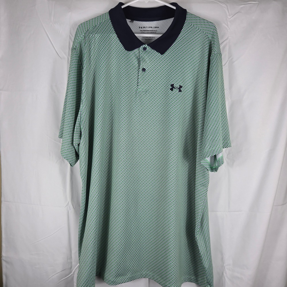 Under Armour Mens 2XLT Performance Polo Green Navy Blue Micro Check Golf Shirt - Picture 2 of 8
